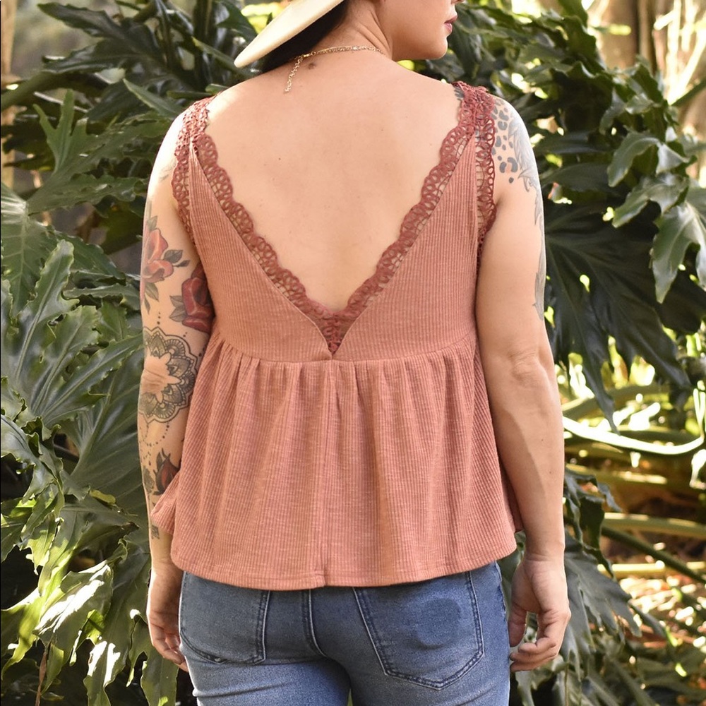 Olive Ribbed Tank Top with Crochet Details - Picture 2 of 5